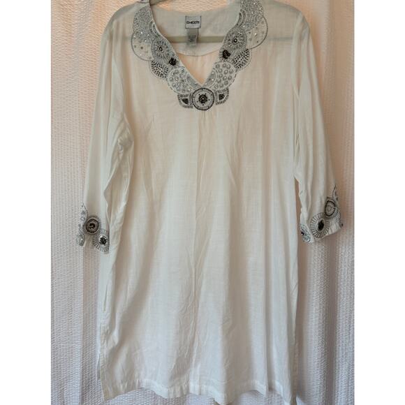 Chico's Womens White Sequin Embellished Boho‎ Cotton Tunic Top Coverup Size 3 - Picture 1 of 10